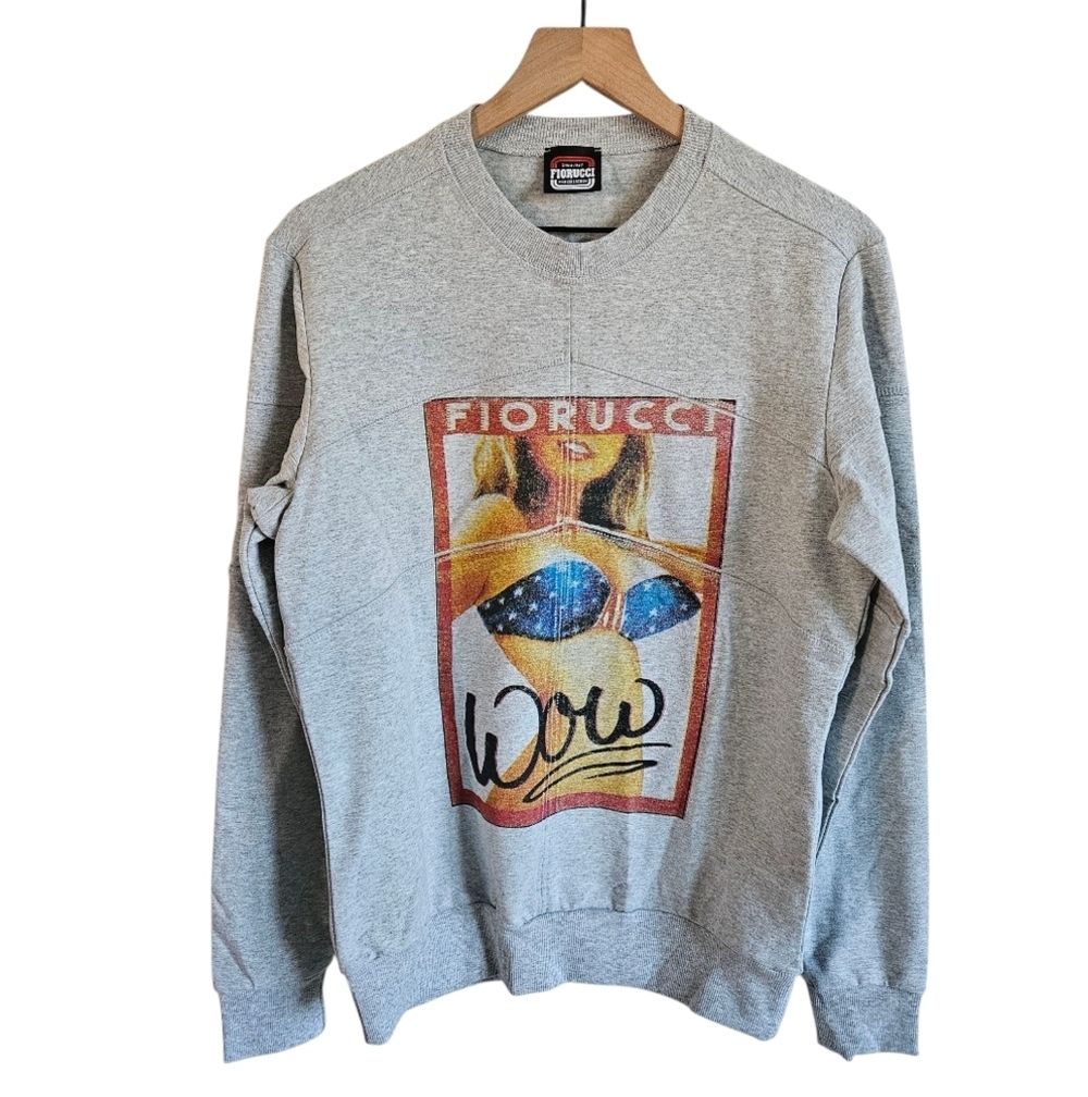 Fiorucci Gray Long Sleeve Bikini Pinup Girl Graphic Long Sleeve T-Shirt